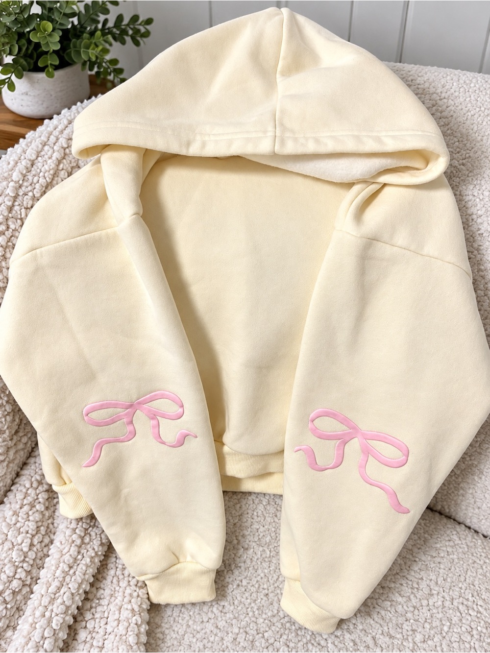 Edikted light yellow Hoodie with Pink Ribbon Sleeve Embroidery